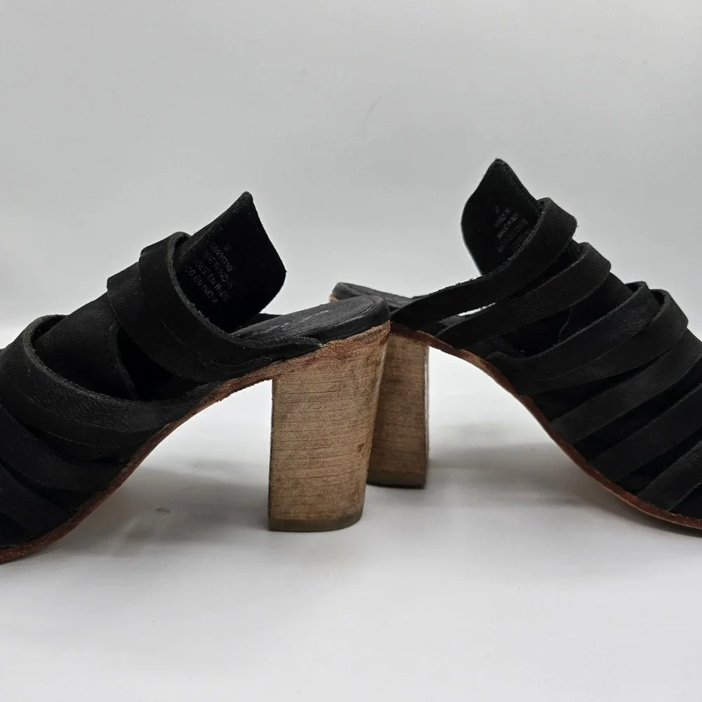 Free People Byron Mules Black Suede Leather Strappy Clog Heels‎ Size 38